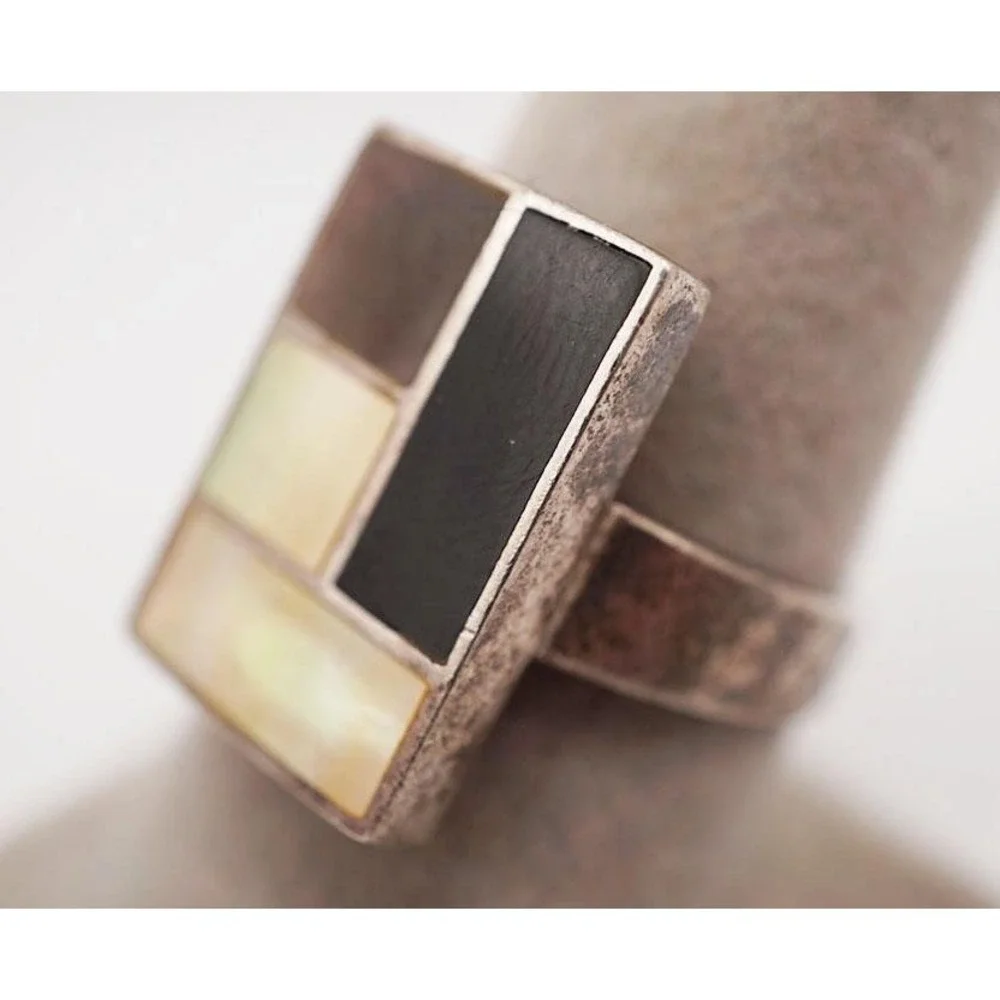 Marsala .925 Sterling Silver Mother of Pearl Geometric Statement Ring Size 8.75